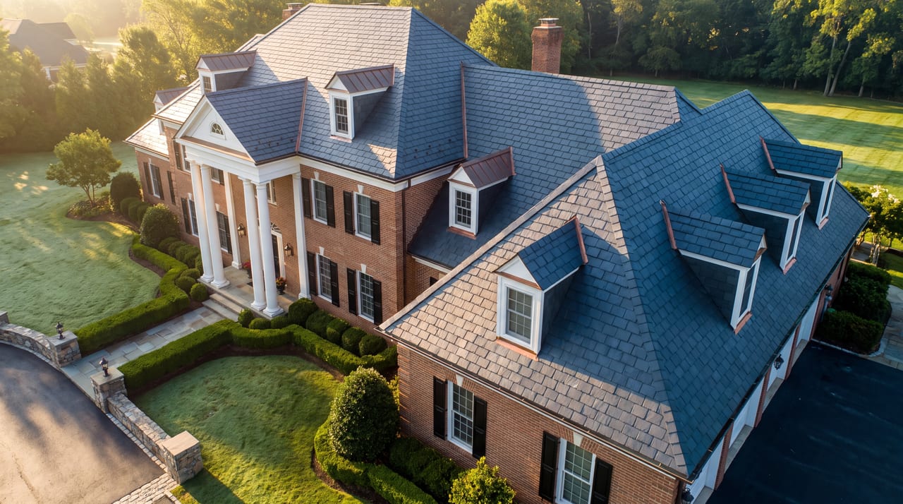 Slate roof on a brick colonial home installed by Exotic Exteriors